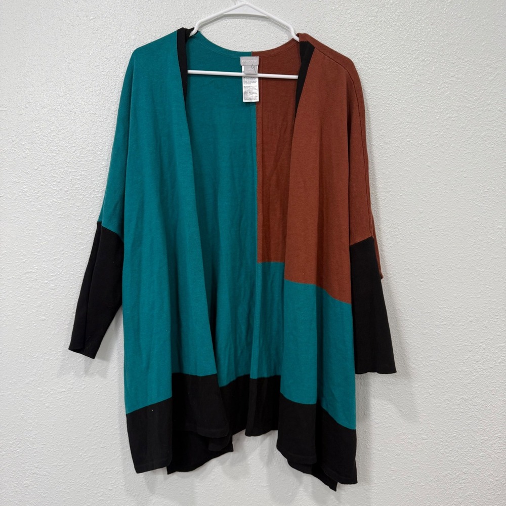 Chicos Colorblock Open Front Cardigan Sweater Teal Rust Black L/XL‎ Cotton Blend